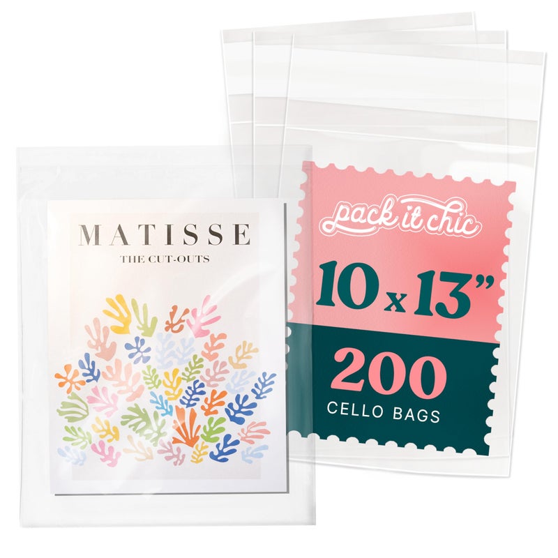 Pack It Chic - 10â€ X 13â€ Self Sealing Cellophane Bags (200 Pack) - Resealable Adhesive Clear Bags for Gifts, 10X13 Photos, Prints, Envelopes, Documents - Image 1